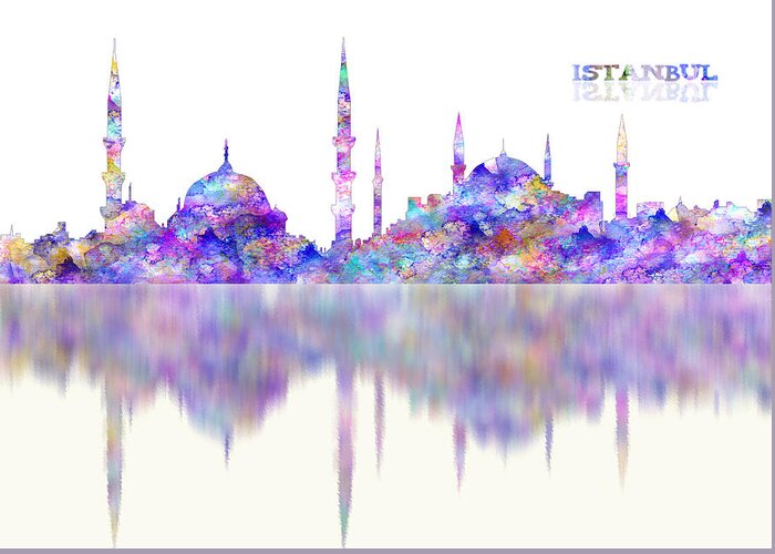 Istanbul Skyline Greeting Card featuring the painting ISTANBULTurkey watercolor reflections by Georgeta Blanaru