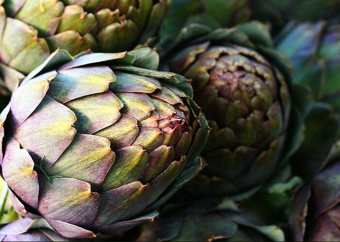 Artichokes Greeting Card featuring the photograph Italian Artichokes at the Farmers Market by Margaret Hood