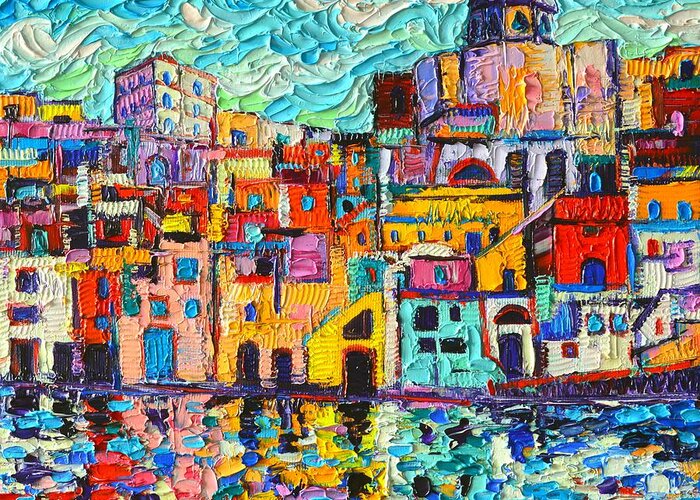 Procida Greeting Card featuring the painting Italy Procida Island Marina Corricella Naples Bay Palette Knife Oil Painting By Ana Maria Edulescu by Ana Maria Edulescu