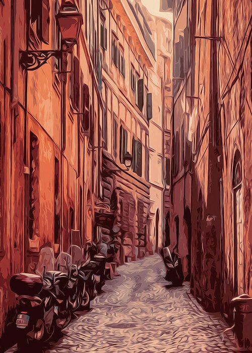 Rome Street Greeting Card featuring the painting Italy, the old streets of Rome by AM FineArtPrints