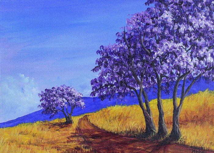 Landscape Greeting Card featuring the painting Jacaranda Trees Maui by Darice Machel McGuire