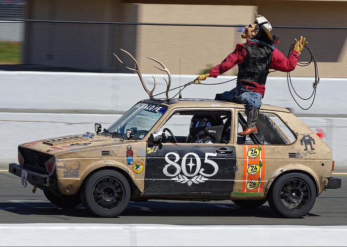 Sports Greeting Card featuring the photograph Jackalope Wrangler -- Volkswagen Rabbit at the 24 Hours of LeMons Race, Sonoma California by Darin Volpe