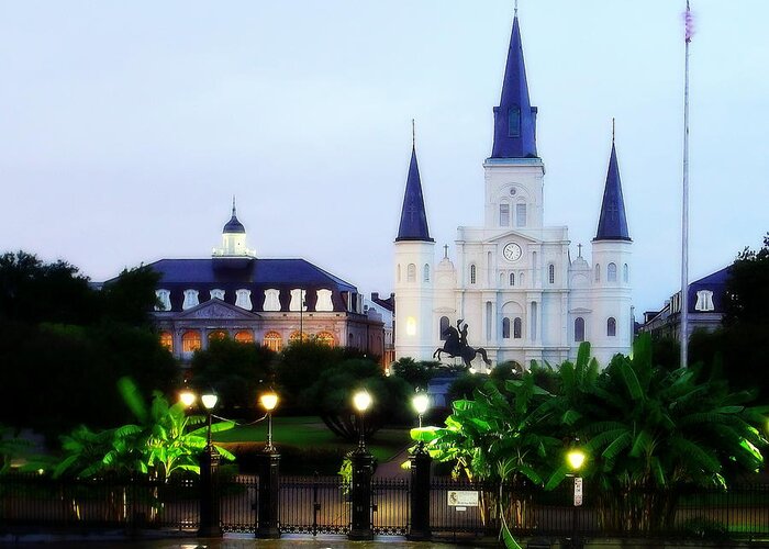 Nola Greeting Card featuring the photograph Jackson Square Glistening at Dawn by Walter E Koopmann