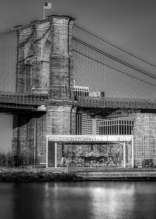 Brooklyn Bridge Greeting Card featuring the photograph Jane's Carousel Brooklyn Bridge BW by Susan Candelario