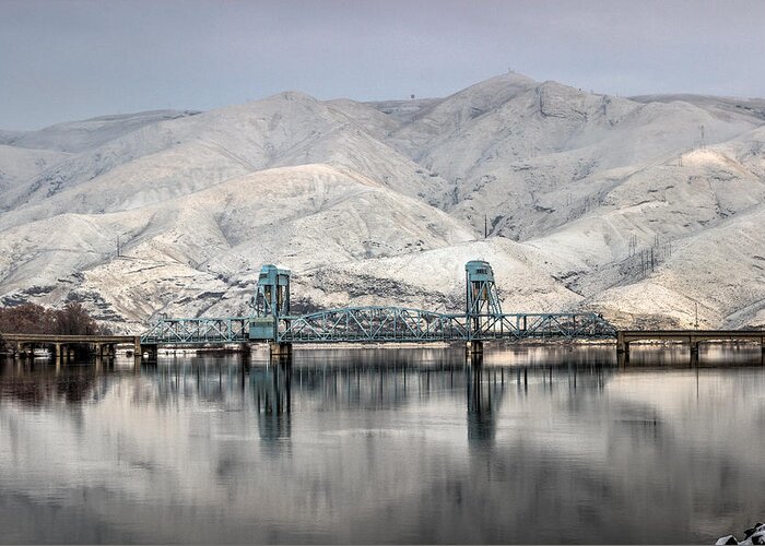 Lewiston Idaho Id Clarkston Washington Wa Lc-valley Lc Valley Pacific Northwest Lewis Clark Landscape Palouse Winter January Cold December Snake River Icy Snow Reflection Calm Water Hill Mountain Interstate Confluence White Frosty Frost Nice Beautiful Popular Greeting Card featuring the photograph January Blue Bridge by Brad Stinson