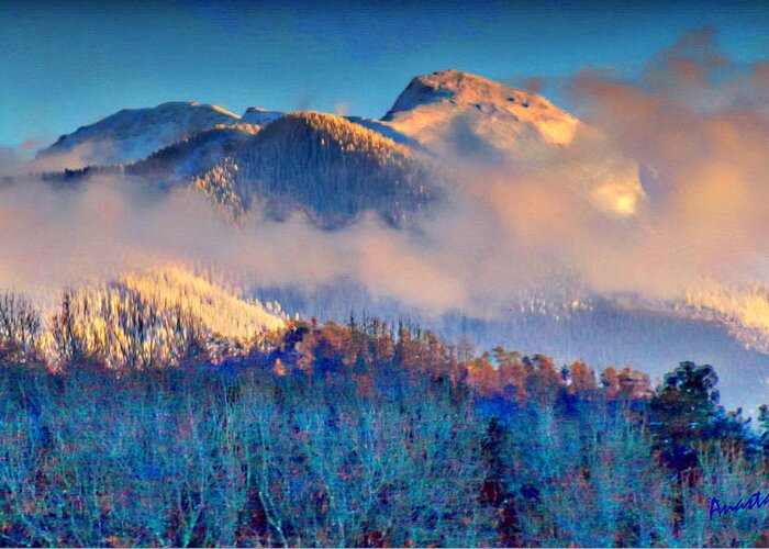 Mountains Greeting Card featuring the digital art January Evening Truchas Peak by Anastasia Savage Ealy