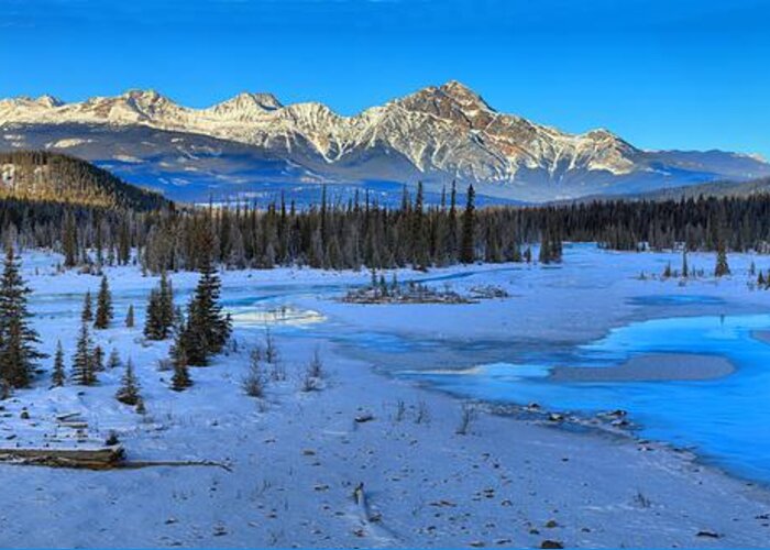 Athabasca River Greeting Card featuring the photograph Jasper Winter Mountain Panorama by Adam Jewell