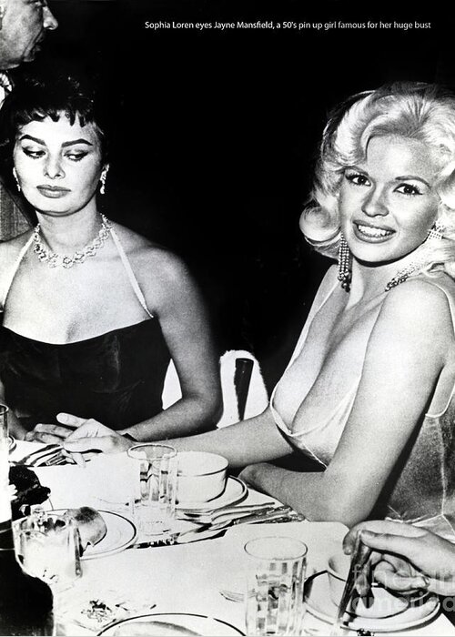 Jayne Mansfield Greeting Card featuring the photograph Jayne Mansfield Hollywood actress Sophia Loren 1957 by Monterey County Historical Society