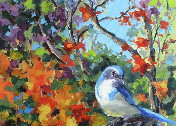Bird Greeting Card featuring the painting Jay's World by Karen Ilari