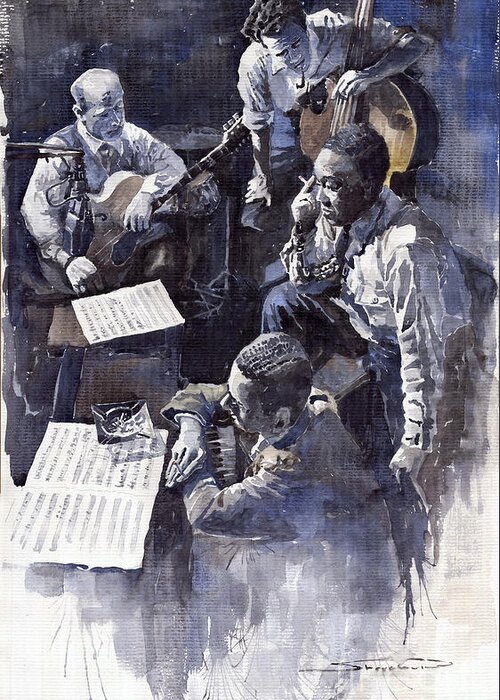 Jazz Greeting Card featuring the painting Jazz Parker Tristano Bauer Safransky RCA studio NY 1949 by Yuriy Shevchuk