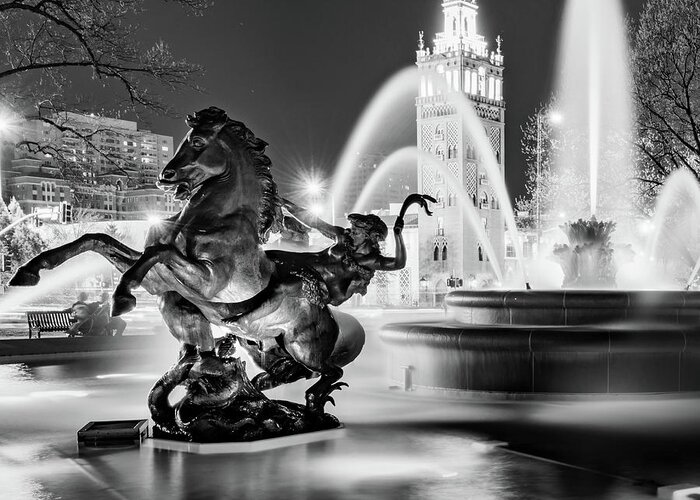 Missouri Fountain Greeting Card featuring the photograph J.C. Nichols Fountain and Statues - Square Format - Black and White Edition by Gregory Ballos