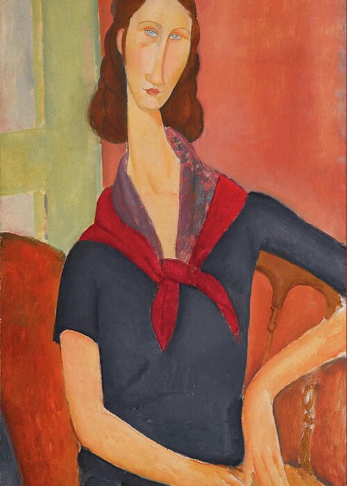Amedeo Modigliani Greeting Card featuring the painting Jeanne Hebuterne. Au Foularde by Amedeo Modigliani