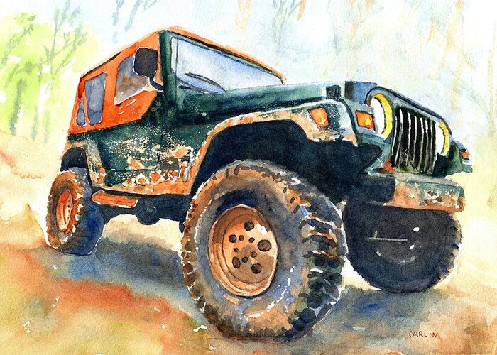 Jeep Greeting Card featuring the painting Jeep Wrangler Watercolor by Carlin Blahnik CarlinArtWatercolor