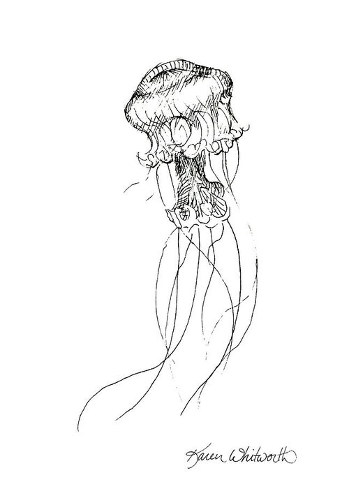 Jellyfish Art Greeting Card featuring the drawing Jellyfish Sketch - Black and White Nautical Theme Decor by K Whitworth