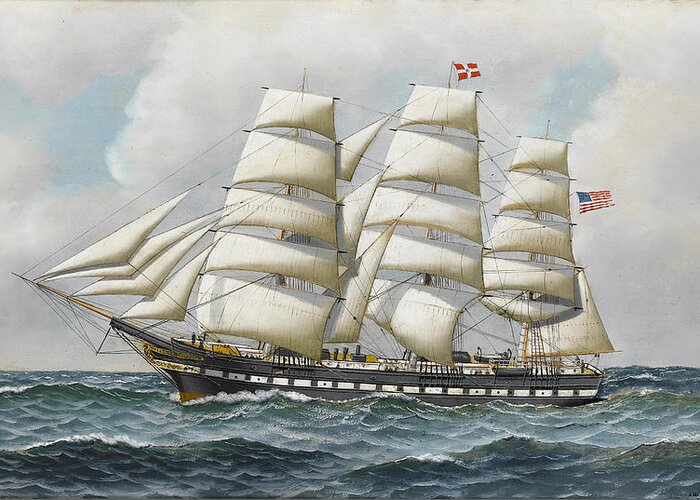 Antonio Jacobsen - The American Full-rigger 'jeremiah Thompson' ... Sea Greeting Card featuring the painting Jeremiah Thompson by Antonio Jacobsen
