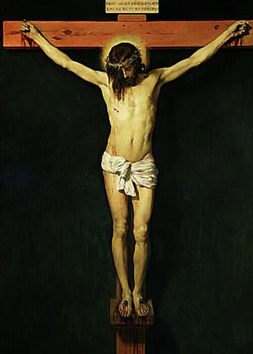 Jesus Greeting Card featuring the mixed media Jesus Christ Crucifixion by Diego Velazquez
