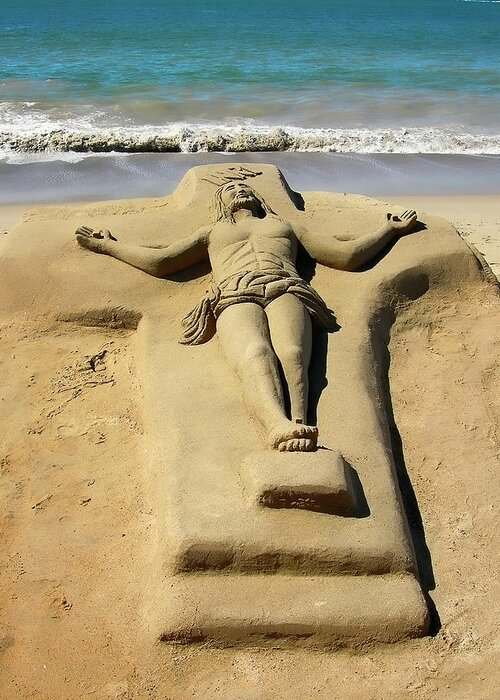 Jesus Greeting Card featuring the photograph Jesus Sand Sculpture by Richard Stedman