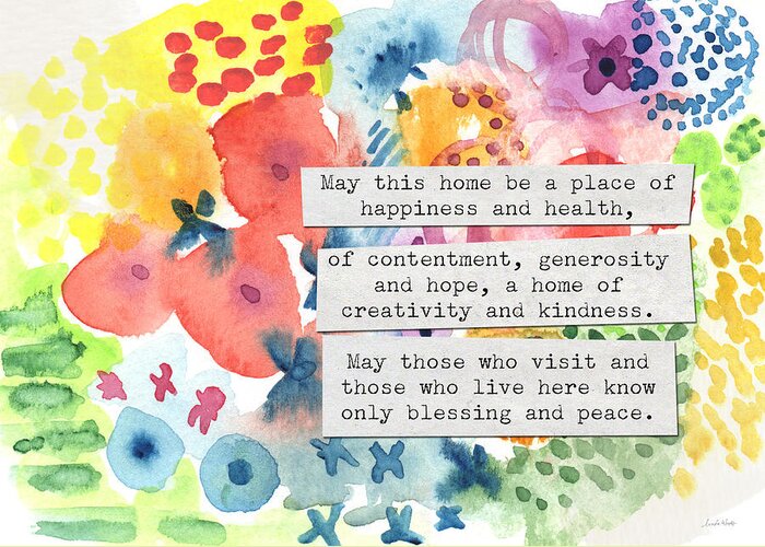 Home Blessing Greeting Card featuring the painting Jewish Home Blessing- Floral Watercolor by Linda Woods