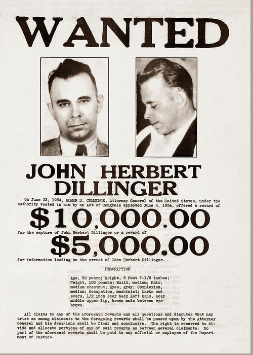 John Dillinger Greeting Card featuring the photograph John Dillinger Wanted Poster by War Is Hell Store