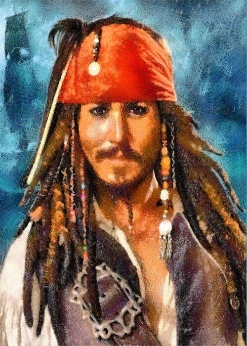 Portrait Greeting Card featuring the digital art Johnny Depp as Jack Sparrow by Charmaine Zoe