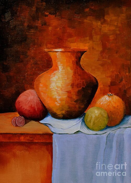 A Still Life Of An Old Orange Jug With An Orange Greeting Card featuring the painting Jug and Fruit by Martin Schmidt