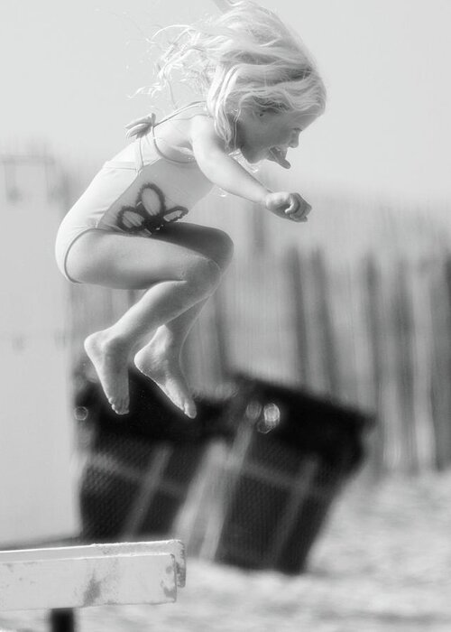 Beach Shore Delaware Maryland Ocean Sand Sun Summer Young Youth Ir Infrared Black White Girl Hot Play Playing Jump Jumping Laughing Hair Fun Greeting Card featuring the photograph Jumping in the Sand #34 by Raymond Magnani