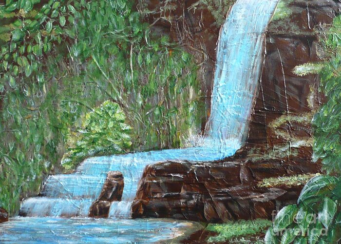 Waterfall Greeting Card featuring the painting Jungle Waterfall by Monika Shepherdson