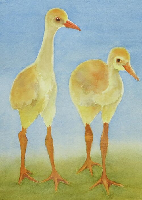Sandhill Crane Chicks Greeting Card featuring the painting Junior Birdmen by Judy Mercer