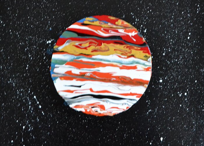 This Is A Abstract Painting Of The Planet Jupiter. The Flow Technique Was Used With Acrylic Colors. The Five Acrylic Colors Used Were Poured In A Circle Area Tilted To Get This Affect. The Distant White Stars Were Also Included In This Painting. Greeting Card featuring the painting Jupiter by Martin Schmidt