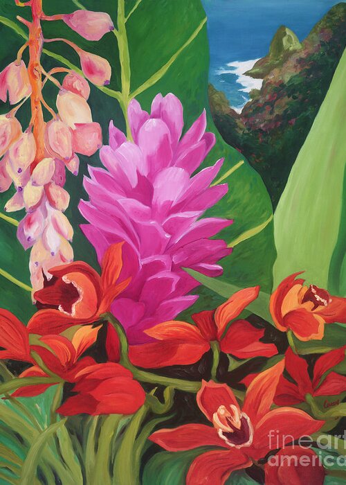 Maui Flowers Greeting Card featuring the painting Jurassic Ginger by Cathy Carey