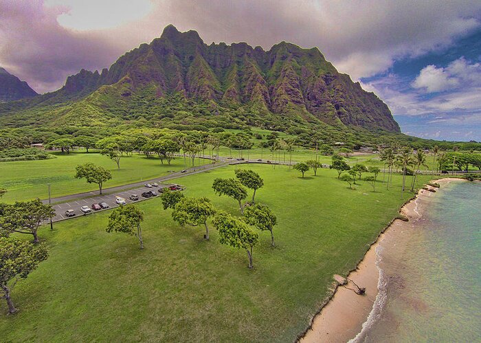 Oahu Hawaii Mountain Seascape Tropical Greeting Card featuring the photograph Jurassic Park by James Roemmling