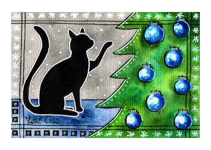 Just Counting Balls Greeting Card featuring the painting Just Counting Balls - Christmas Cat by Dora Hathazi Mendes