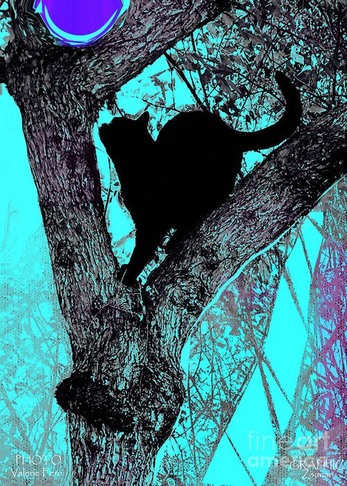 Figurative Abstraction Greeting Card featuring the mixed media Black Cat- Violet Moon by Zsanan Studio
