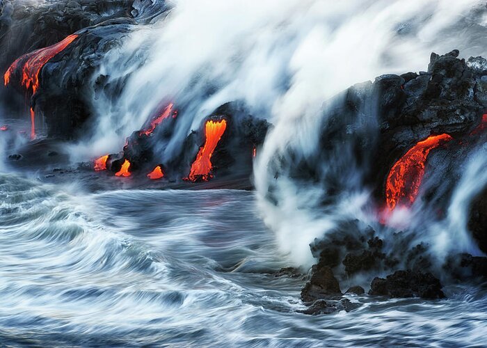 Lava Greeting Card featuring the photograph Kamokuna Lava Ocean Entry, 2016 by Christopher Johnson