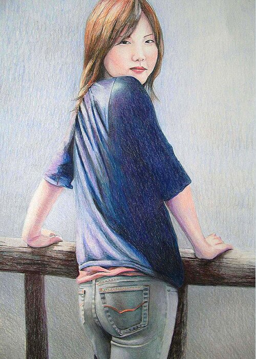 Girl Greeting Card featuring the drawing Kanae in Jeans by Tim Ernst