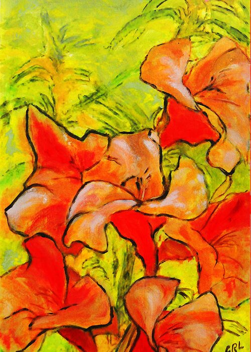 Fine Art Greeting Card featuring the painting Kathies Daylilies Fine Art Painting North Carolina by G Linsenmayer