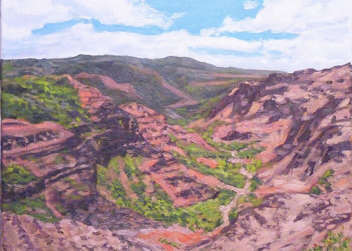 Landscape Greeting Card featuring the painting Kauai Canyon by Stan Chraminski