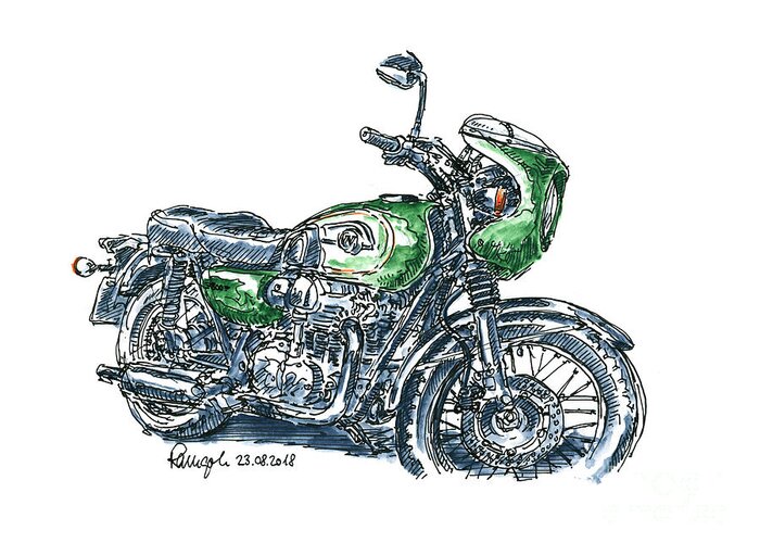 Motorbike Greeting Card featuring the drawing Kawasaki W 800 Retro Motorcycle Ink Drawing and Watercolor by Frank Ramspott