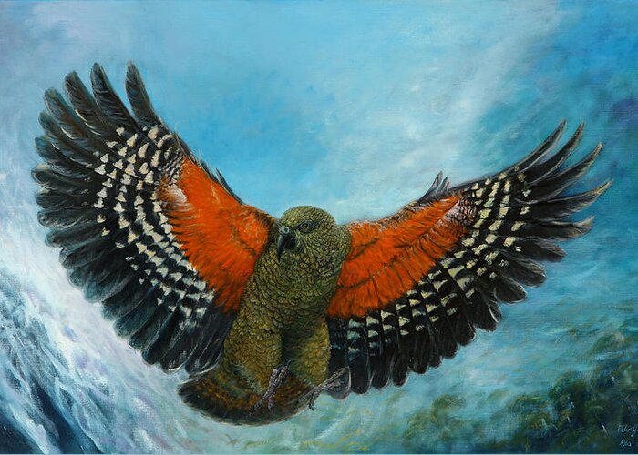 Bird Paintings Greeting Card featuring the painting Kea New Zealand by Peter Jean Caley