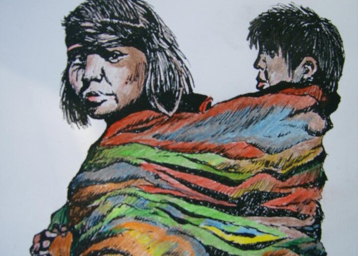 Native American Indian Greeting Card featuring the drawing Keeping Warm by Leslie Manley