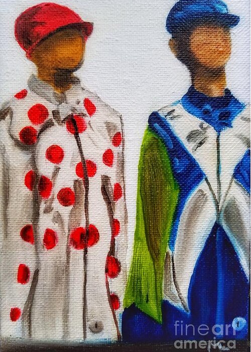 Jockeys Greeting Card featuring the painting Kentucky Derby Jockey Mannequins by Mary Capriole