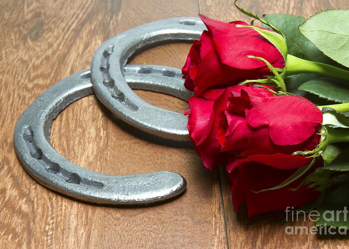 Kentucky Derby Greeting Card featuring the photograph Kentucky Derby Red Roses with Horseshoes on Wood by Karen Foley