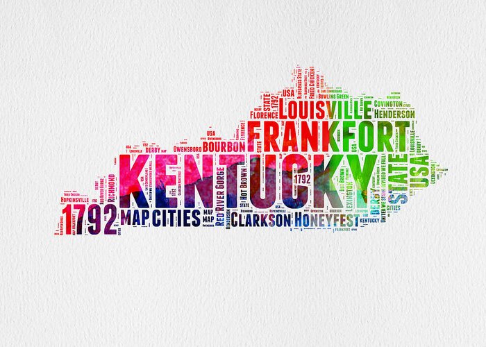Kentucky Greeting Card featuring the digital art Kentucky Watercolor Word Cloud Map by Naxart Studio