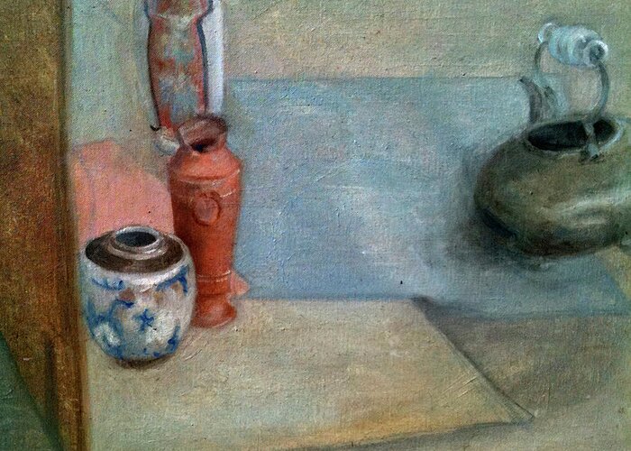 Still Life Kettle Chinese Jugs And Vases Greeting Card featuring the painting Kettle With Vases Still Life by Tom Smith