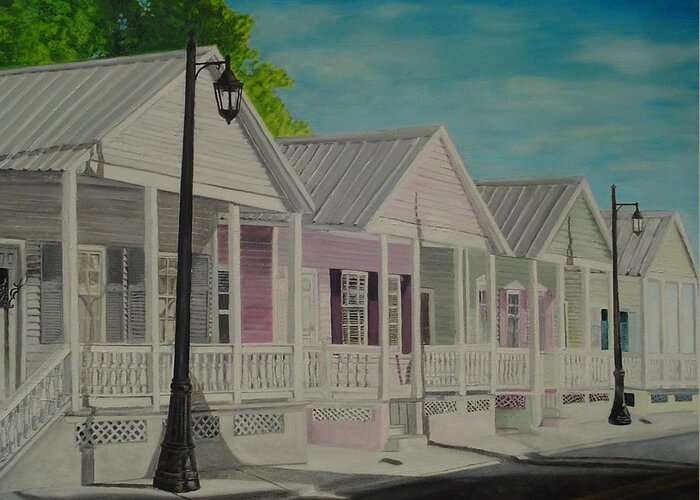 Key West Greeting Card featuring the painting Key West Cottages by John Schuller