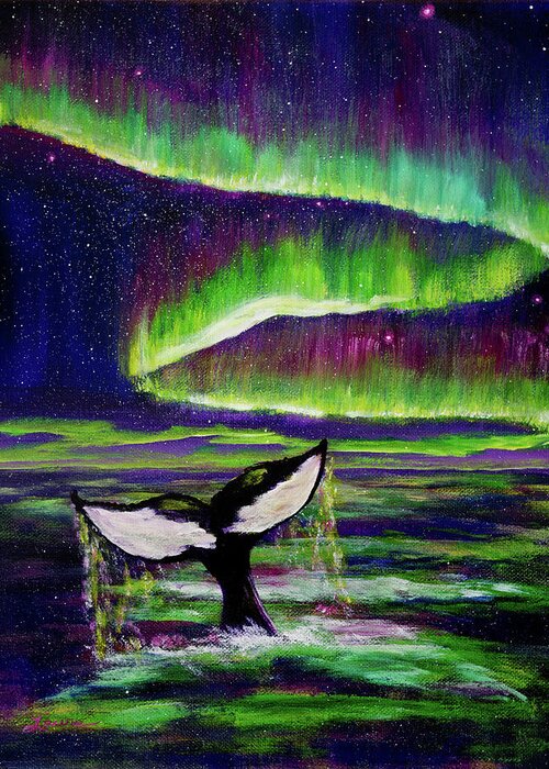 Killer Whale Greeting Card featuring the painting Killer Whale Tail in Aurora Borealis by Laura Iverson