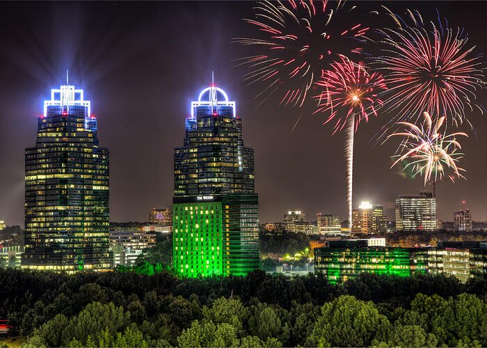 Sandy Springs Greeting Card featuring the photograph King And Queen Buildings Fireworks by Anna Rumiantseva