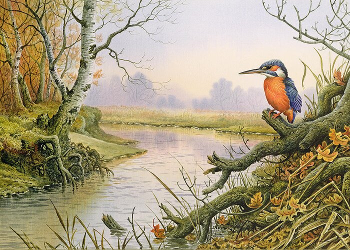 Kingfisher Greeting Card featuring the painting Kingfisher Autumn River Scene by Carl Donner