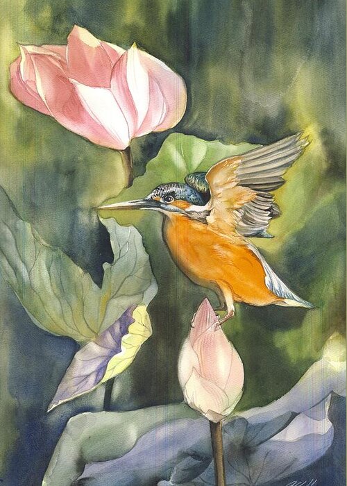 Kingfisher Greeting Card featuring the painting Kingfisher with lotus by Alfred Ng
