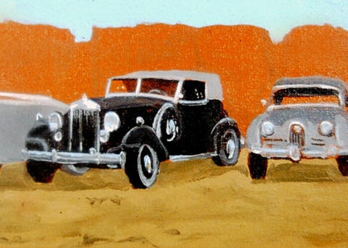 Cars From The 30s And The 40s Greeting Card featuring the painting Kings of the Road by David Zimmerman